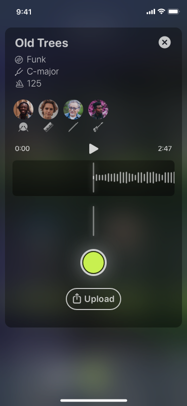 Roadie collaboration screen showing a session with waveform, collaborators and a record button
