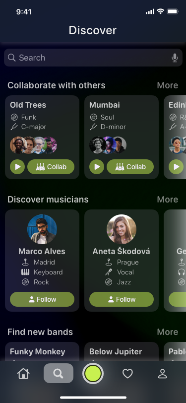 Roadie Discover screen showing collaboration sessions and musician cards with instruments, genres and cities