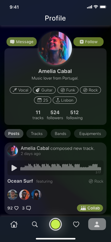 Roadie profile screen for a musician with tags, stats and a published track